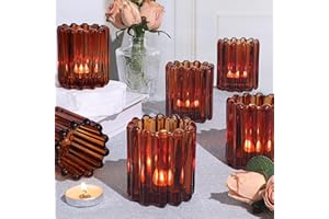 HAVITI 6pcs Votive Candle Holder, Amber Glass Vintage Candle Holders, Tealight Candle Holder for Boho Fall Wedding Centerpieces Dinner Party Table Decor