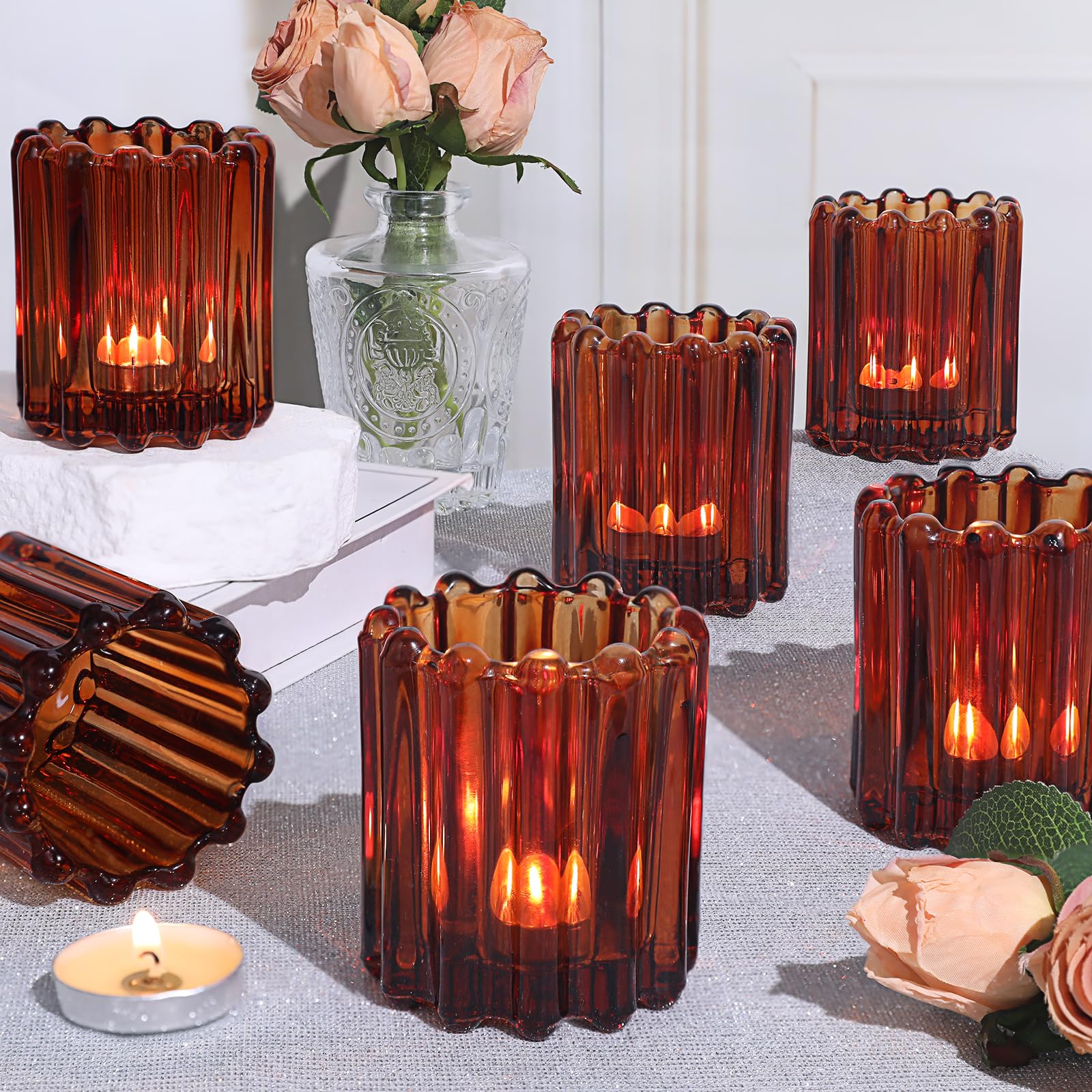 Photo 1 of HAVITI 6pcs Votive Candle Holder, Amber Glass Vintage Candle Holders, Tealight Candle Holder for Boho Fall Wedding Centerpieces Dinner Party Table Decor