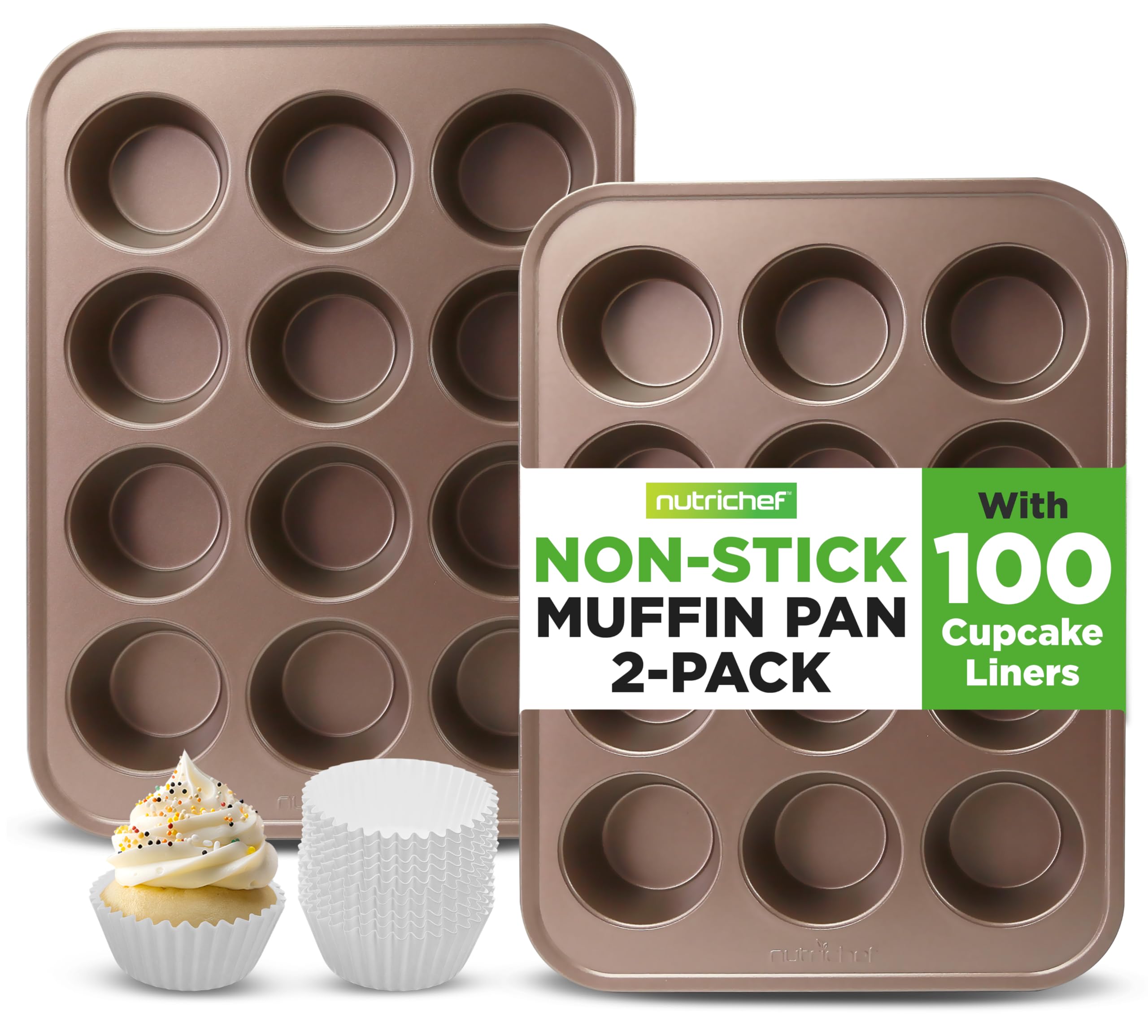 NutriChef Cupcake Muffin Trays, 2 Pack Nonstick Dishwasher Safe Cupcake pans, 12 Cup Bakeware Muffin Pan, Yorkshire Pudding Tray Tin, Round Baking Moulds, Carbon Steel Stackable, 100 liners included