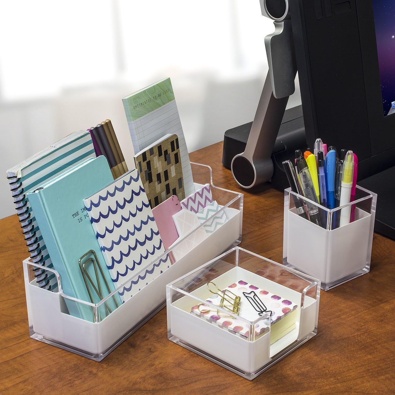 Sorbus Acrylic Desk Organizers Set – 3-Piece, Includes Desk Organizer Caddy, Memo Tray and Pen Cup, Modern Desk Accessories Organizer Great for Home or Office, White Clear (Desk Organizer Set) : Office Products