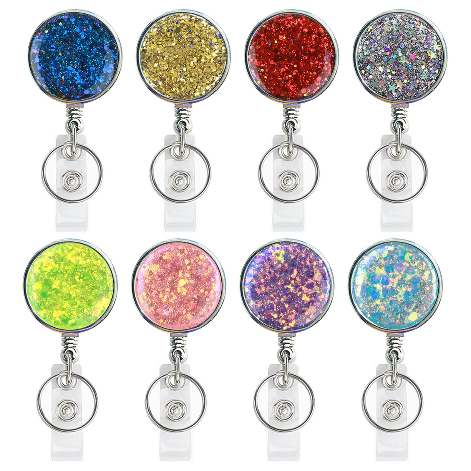 Retractable Badge Holder, Keyring Extendable Key Chain, Card Holder With Key Ring Backing Belt Clip for Nurse, Volunteer, Teacher, Student, Office (Bling Bling 8pack-UK)