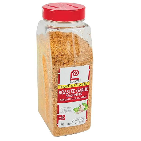 LAWRY’S ROASTED GARLIC SEASONING WITH A TOUCH OF SEA SALT, 24.5 OZ – ONE 24.5 OUNCE CONTAINER OF LOW SODIUM ROASTED GARLIC SEASONING, PERFECT FOR ROASTS, STEAKS, VEGETABLES AND MORE