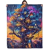 Magical Treehouse Village Throw Blanket for Boys Girls Kids Adults, Cozy Fantasy Treehouse Theme Flannel Blankets Gifts for Camping, Bedroom, Couch, Room Home Decor, 50"x60"