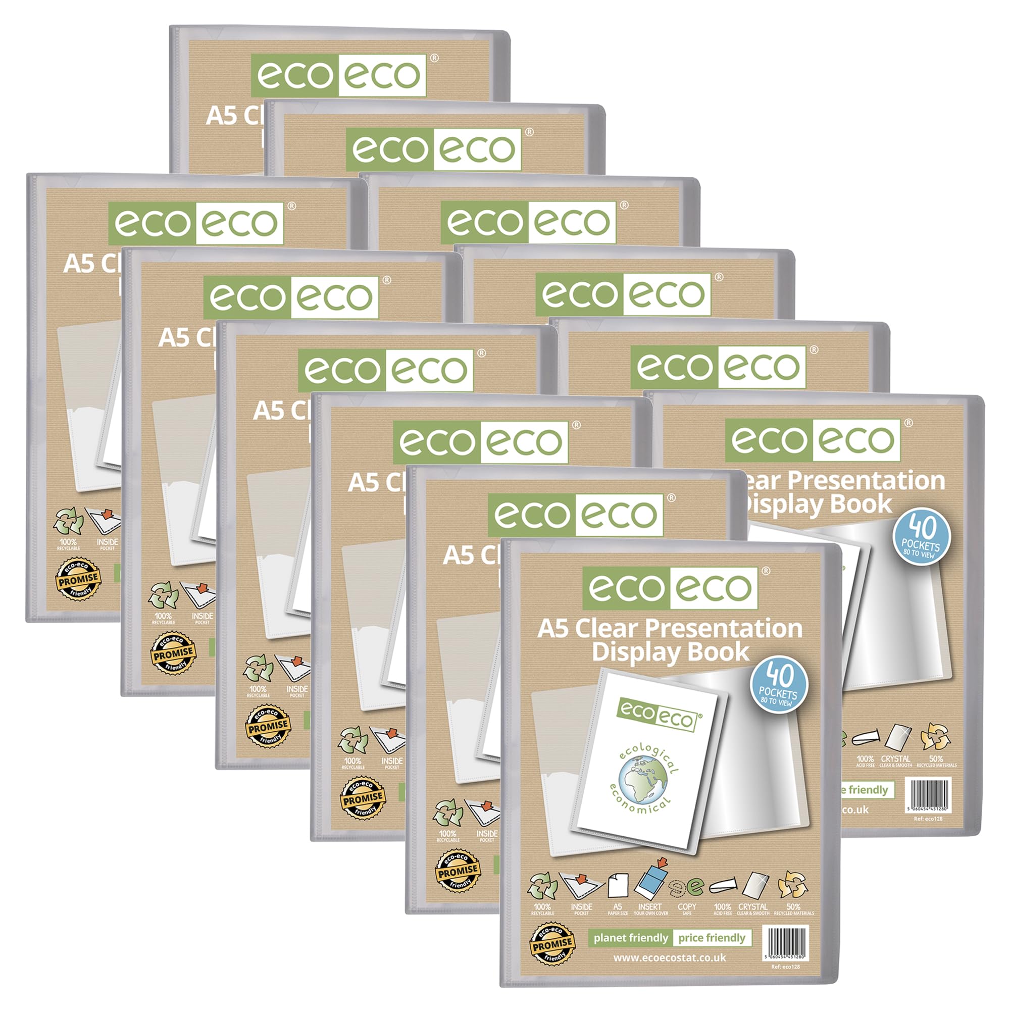 eco-eco A5 Size 50 Percent Recycled 40 Pocket Clear Presentation Display Book, Storage Case Portfolio Art Folder with Plastic Sleeves, Pack of 12, eco128x12