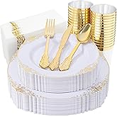Nervure 175PCS White and Gold Plastic Plates - Disposable Dinnerware Set Include 50 Gold Plates for Dinner and Dessert, 75 Cutlery, 25Cups 25Napkins for Wedding & Party & Thanksgiving