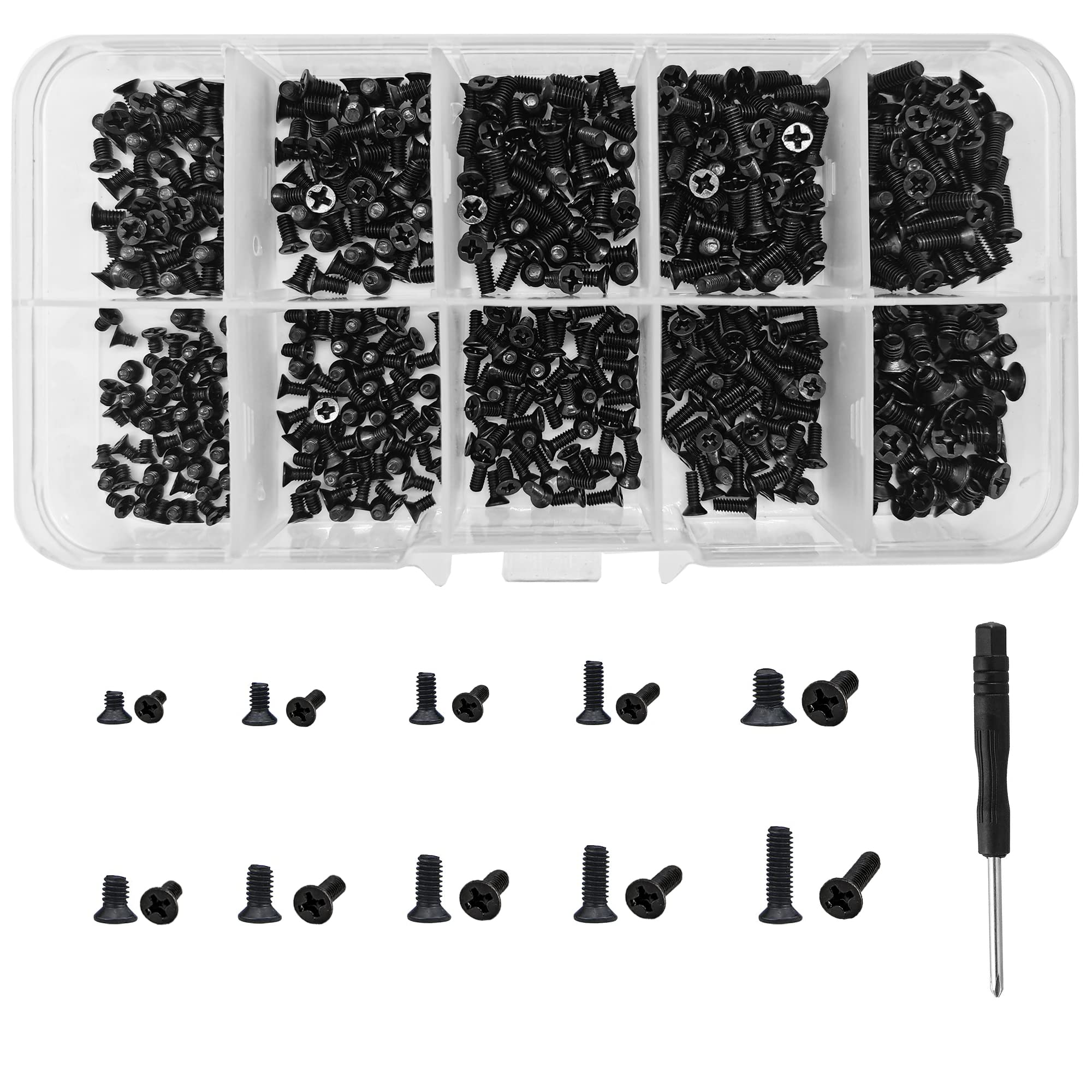 600 Pcs M2 M2.5 M3 Black Laptop Micro Assorted Screw, Flat Head Phillips Screws, Notebook Replacement Screws Set Kit, Black Machine Screw With Mini Screwdriver