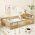 Full Size Floor Bed with Slats and Fence for Kids, Montessori Floor Bed with Door and Safety Guardrails,Wood Full Size Floor Bed Frame, Montessori Bed Full Size for Girls Boys,Natural