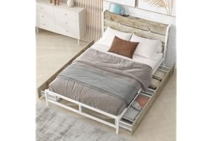 Morhome Full Size Bed Frame with 4 Storage Drawers and USB Ports, Queen Metal Platform Bed with Storage Wooden Headboard and Charging Station, No Box Spring Needed, Noise-Free