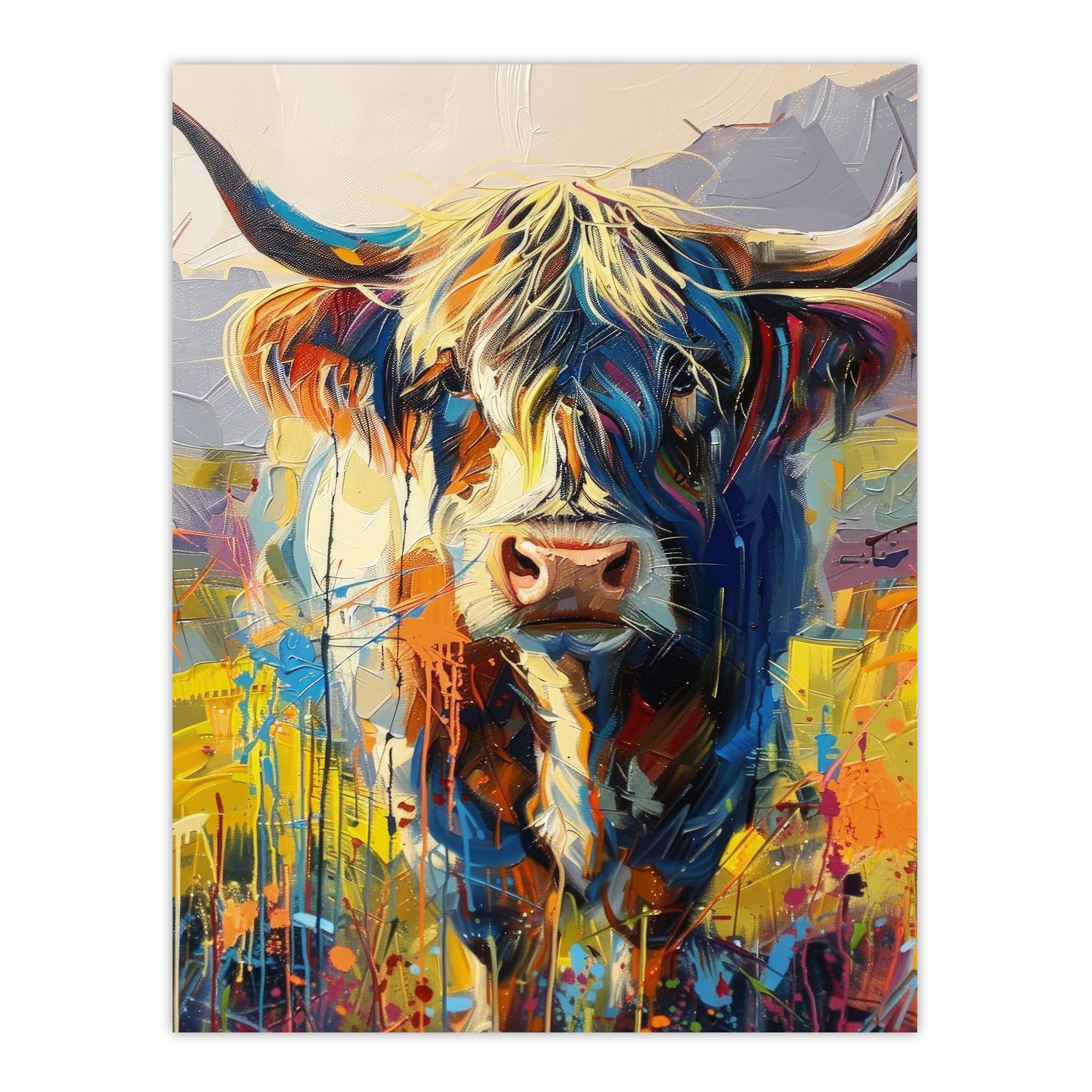 Artery8 Scottish Highland Cow Hairy Coo Abstract Painting For Living Room Extra Large XL Wall Art Poster Print