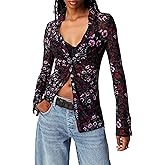 Women Button Down Shirt Y2K Boho Floral Mesh Long Sleeve Blouse Sheer Ruched Collar Top Vintage Aesthetic Streetwear