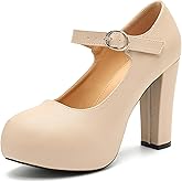 Women's Mary Jane Platform High Chunky Heels Closed Toe Ankle Strap Pumps Round Toe Comfortable Dress Shoes