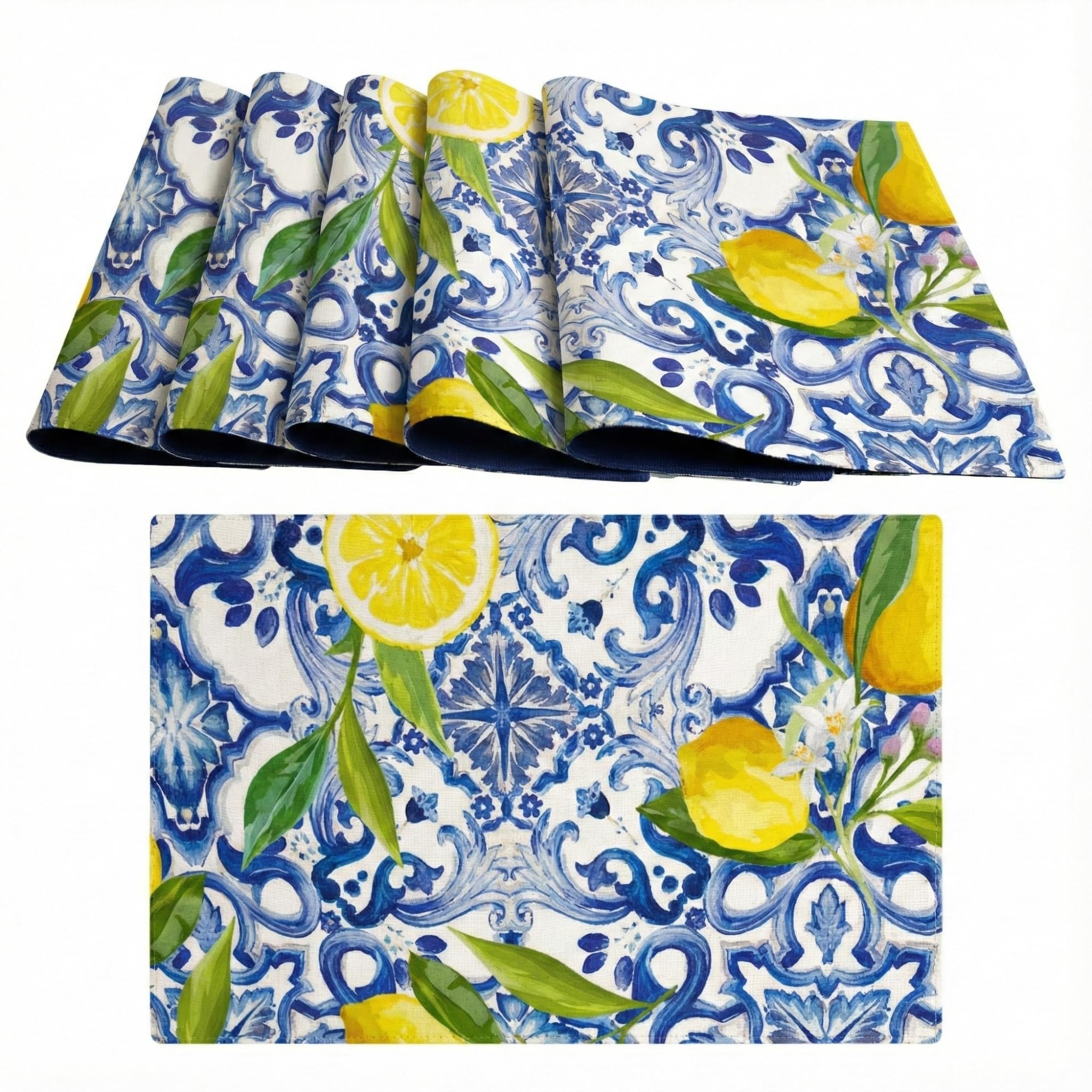 Set of 6 American Placemats, Washable in 100% Cotton, American Breakfast Placemats in Majolica Style, 45 x 30 cm with Various Decorations and Colours
