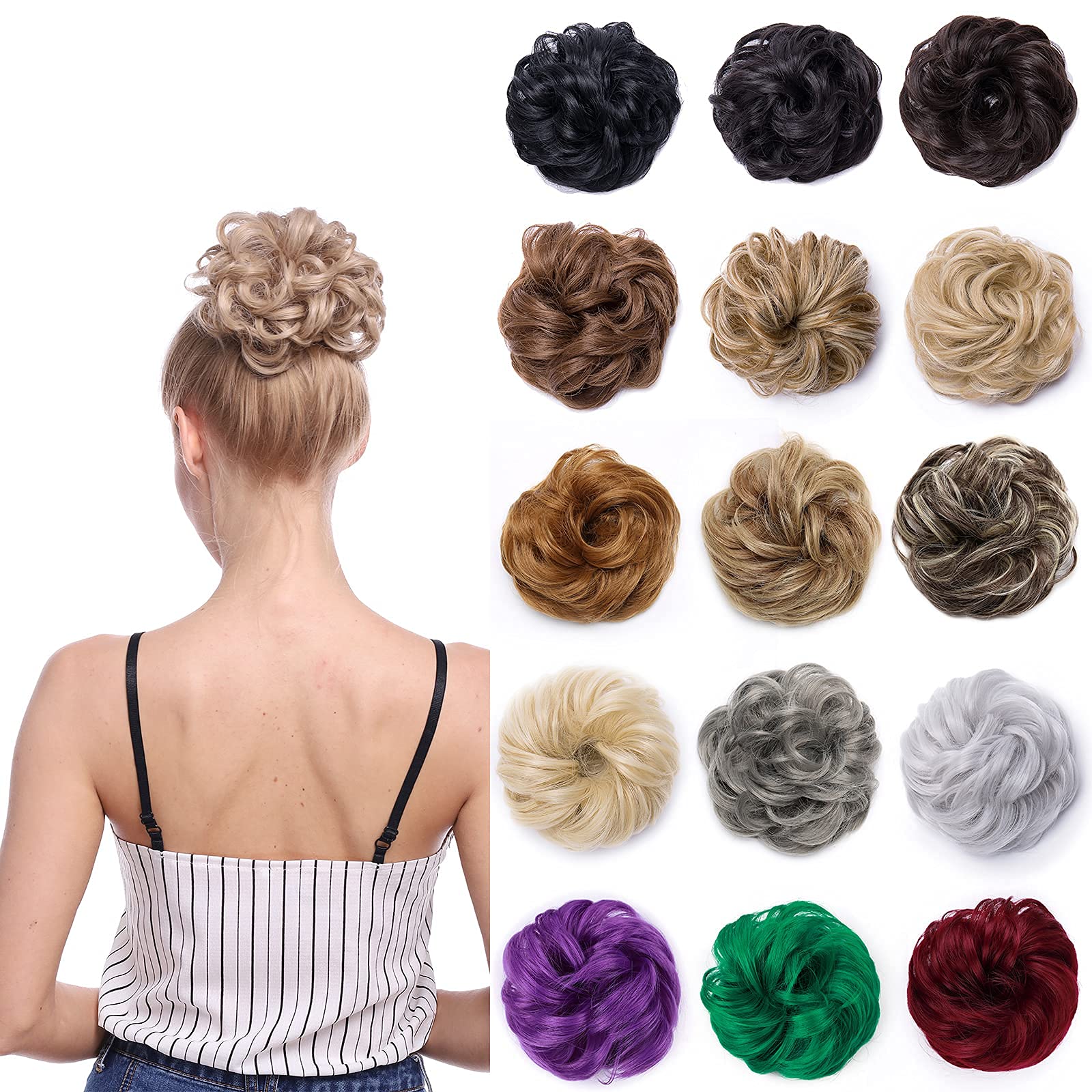 Silk-co Thick Hair Bun Extensions Messy Curly Hair Scrunchies Hairpieces Synthetic Donut Updo Pieces 35g/PC #Golden Brown & Blond