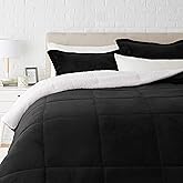 Amazon Basics 3-Piece Micromink Sherpa Down Alternative Comforter Bedding Set, Ultra-Soft, Warm All Season, Machine Washable, King, Black, Solid