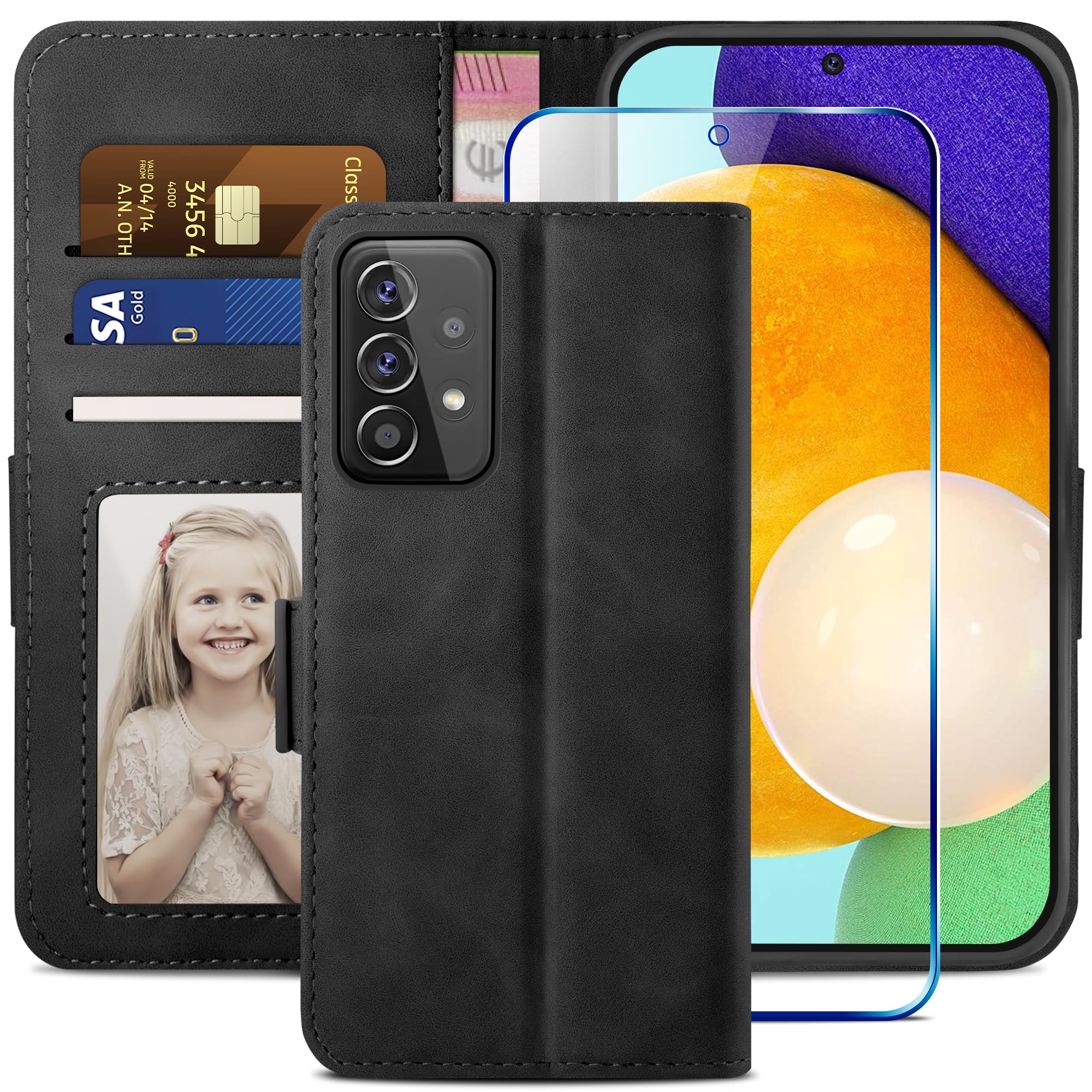 YATWIN Compatible with Samsung Galaxy A52s/A52 5G Case, Flip Wallet Leather Case with Tempered Glass Screen Protector and Card Slot Kickstand Phone Cases Cover for Samsung A52s/A52 5G - Black โ image 1