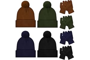 Berlune 4 Sets Kids Beanie Winter Hats and Gloves Set Kids Knitted Beanies with Faux Fur Pom Poms Warm Gloves for Boys Girls