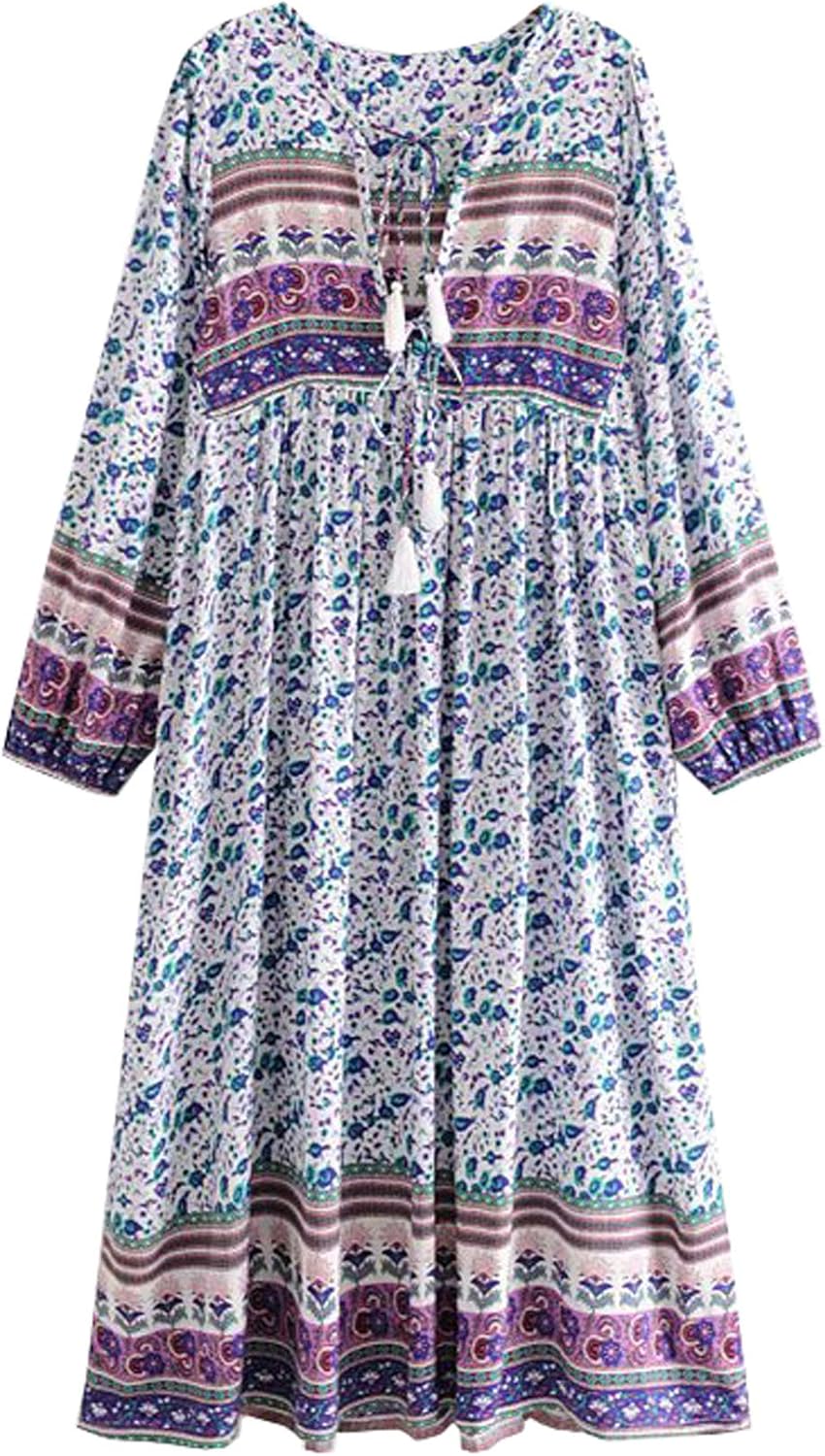 R.Vivimos Womens Casual Bohemian Print Neck Tie Long Sleeve Beach Style