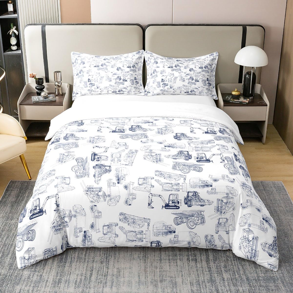 Construction 100% Cotton Duvet Cover Set Double Size Kids Equipment Trucks Comforter Cover Cartoon Car Excavator Tractor Duvet Cover Construction Vehicles Blue Bedspread Cover Room Decor Quilt Cover