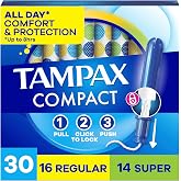 Tampax Compact Pearl Tampons Multipack, with LeakGuard Braid &amp; Extendable Applicator, Regular/Super Absorbency, Compact Extendable Applicator, Unscented, 30 Count