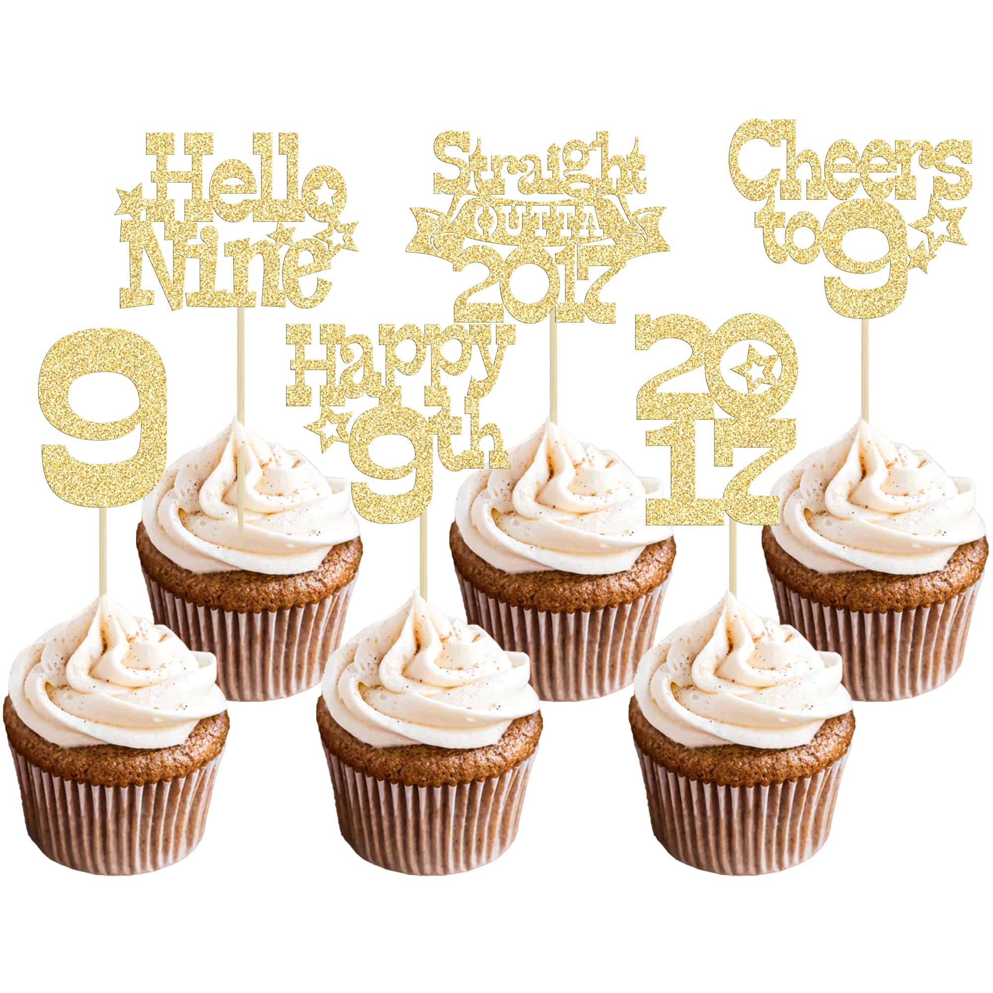 Ephlyn 30Pcs Happy 9th Birthday Cupcake Toppers Glitter Hello Nine Straight Outta 2017 Cupcake Picks Cheers to 9 Years Cake Decorations for 9th Birthday Party Supplies Gold