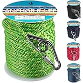 1/2 Inch 50 FT Anchor Rope, Boat Anchor Rope Solid Braid MFP, Anchor Line with 316 Stainless Steel Thimble and Snap Hook - Green & Yellow