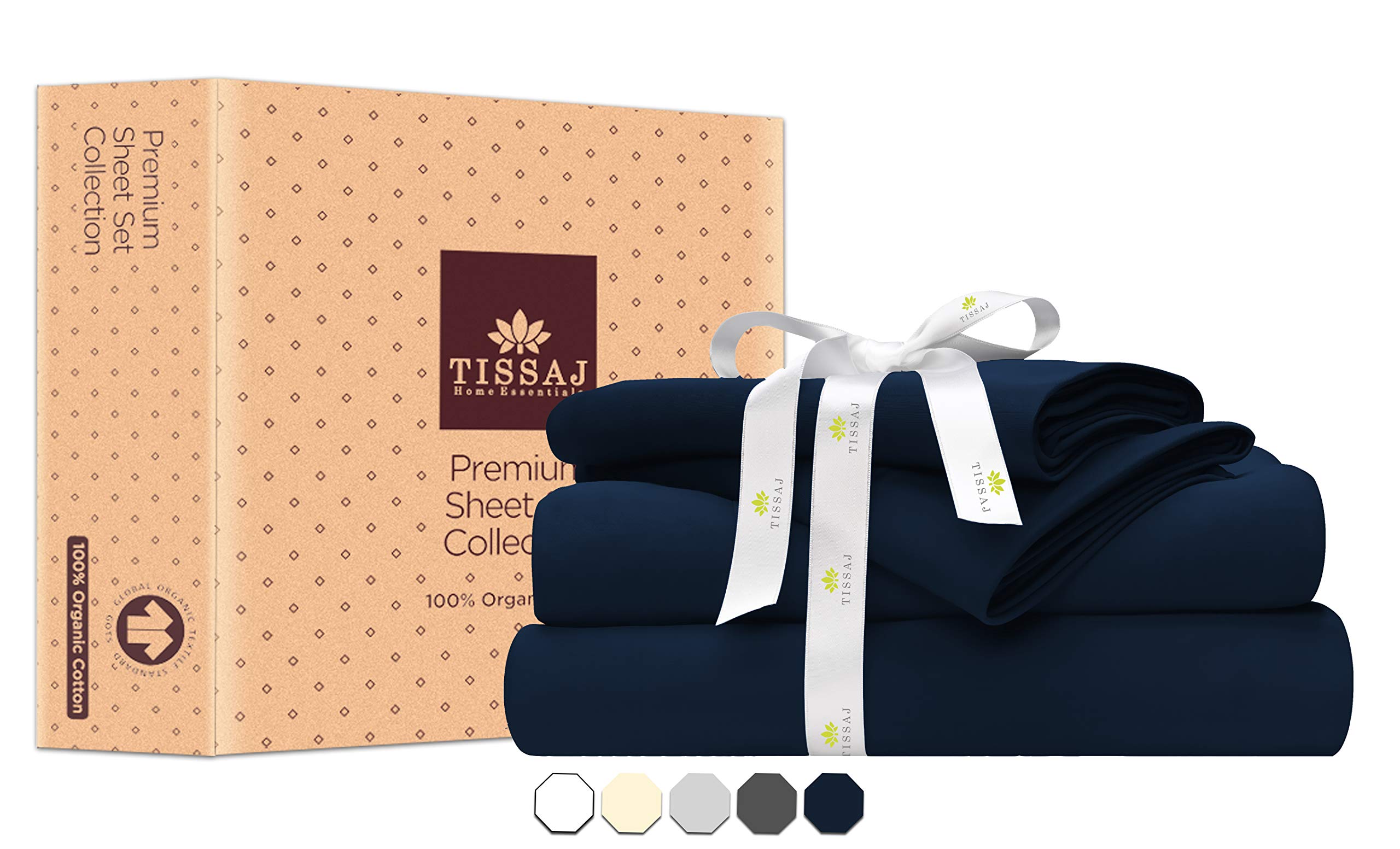 Tissaj Single Size Bed Sheets Set - Navy Blue Color - 100% GOTS Certified Organic Cotton - 300 TC Thread Count - 3 Piece Bedding - 1 Pillow Case, Flat Sheet & Fitted Sheet with 16 Inch Deep Pocket