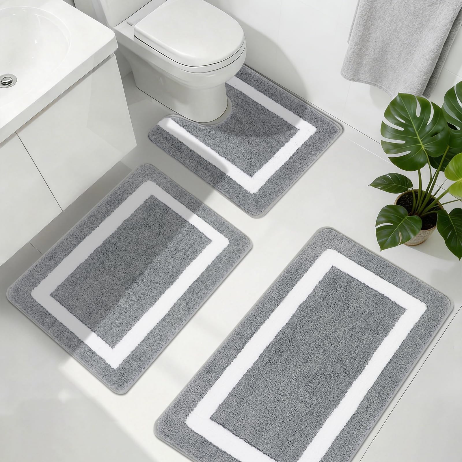 Famibay Non Slip Bath Mat Set 3 Pieces Bathroom Mat and Toilet Mats Water Absorbent Bath Mats for Bathroom Floor Machine Washable Microfiber — image 1