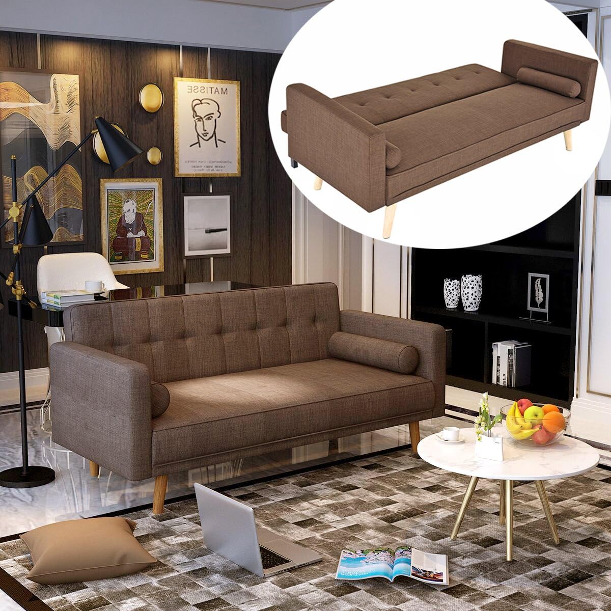 WEIBO 3Seater Sofa Bed Linen Fabric Click Clack Sofa with Solid Wood Legs, Coffee