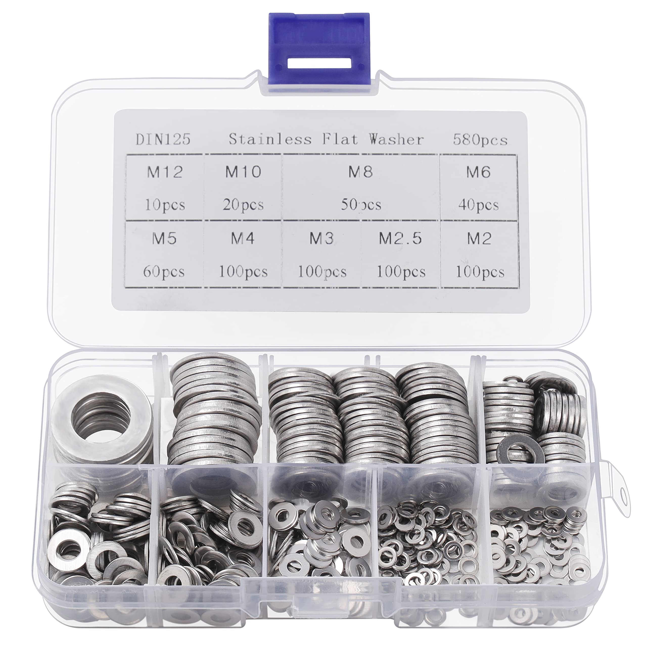 Belle Vous 580 Pcs Stainless Steel Flat Washers with Storage Box - 9 Assorted Sizes M2, M2.5, M3, M4, M5, M6, M8, M10 & M12 - Round Metal Screw Washer Kit - Repair, Factories & Home Decoration