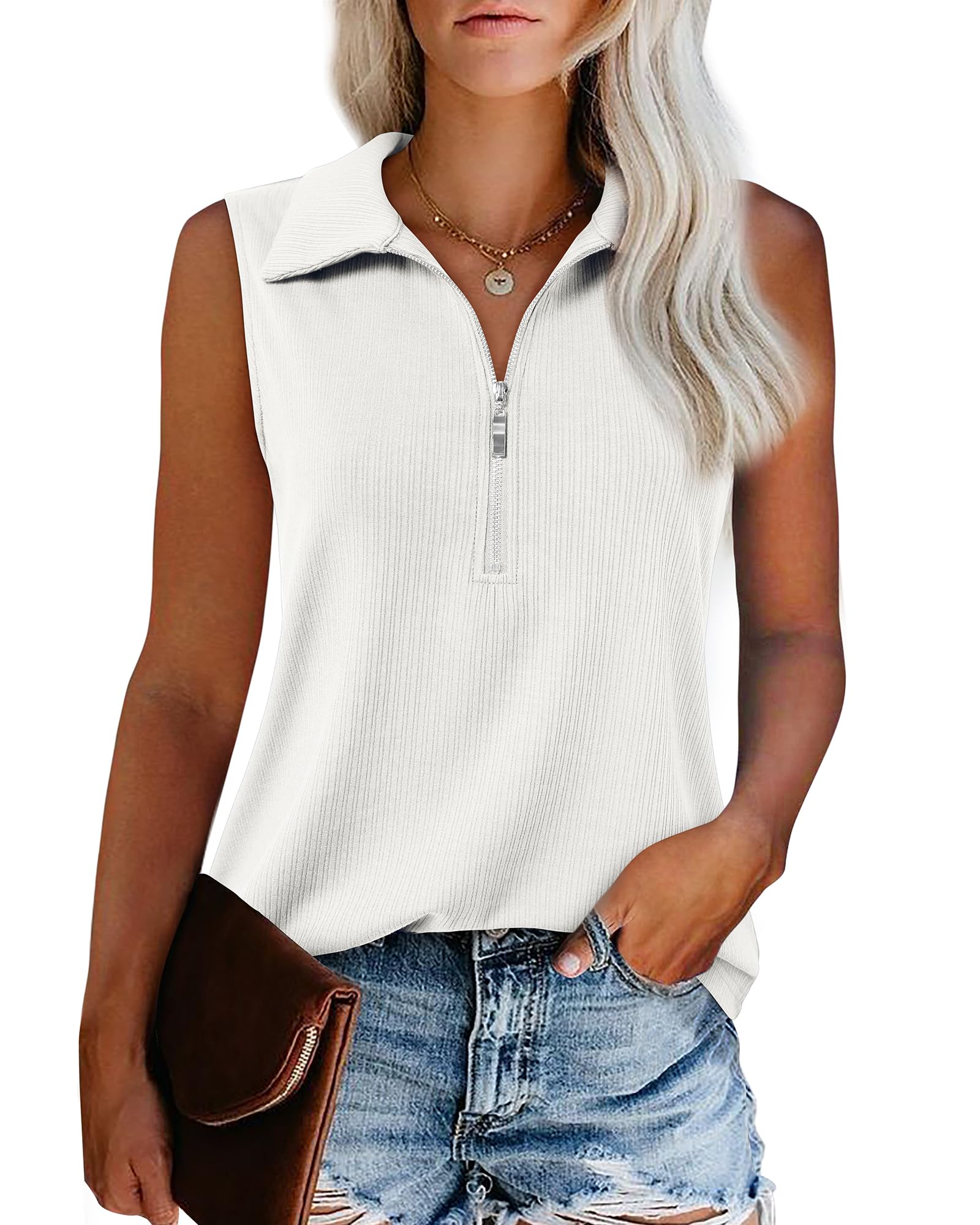 Photo 1 of MEDIUM-Vivilli Womens Ribbed Tank Top Zipper V Neck Dressy Casual Blouses Sleeveless Camisole Tops Work Tank Polo Shirts