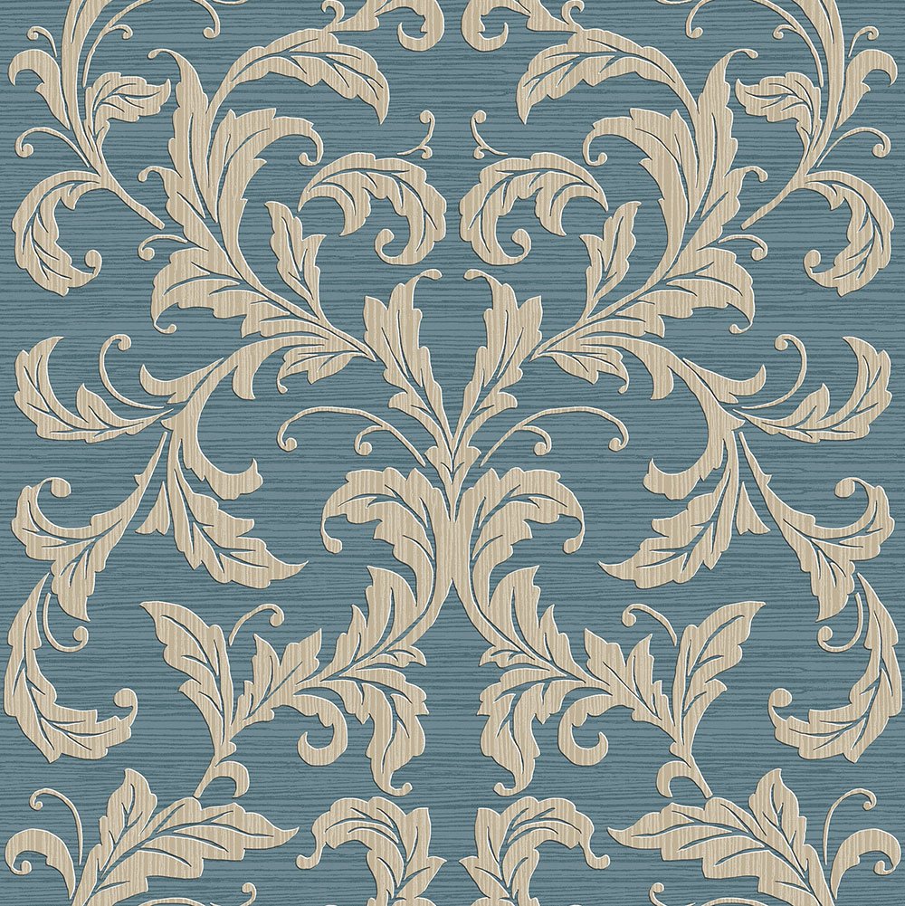 Galerie G34111 Nordic Elements Leaf Damask Wallpaper, Blue, 10m x 53cm