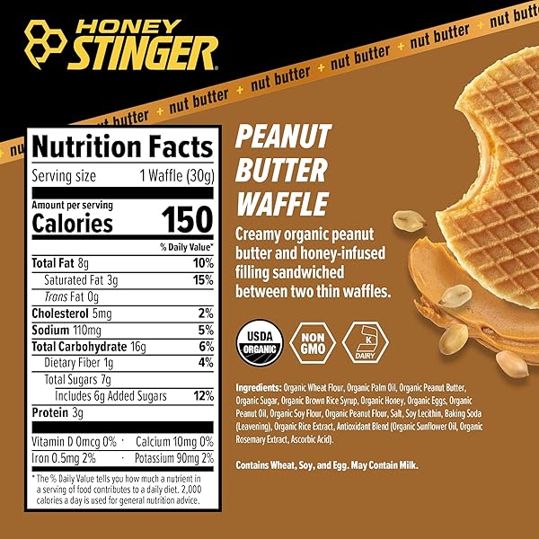 HONEY STINGER ORGANIC PEANUT BUTTER ENERGY WAFFLE VARIETY PACK OF 18, 6 PACK EACH OF PEANUT BUTTER, PB CHOCOLATE AND PB STRAWBERRY, NUTRITIOUS STROOPWAFEL SNACK FOR EXERCISE, ENDURANCE AND PERFORMANCE