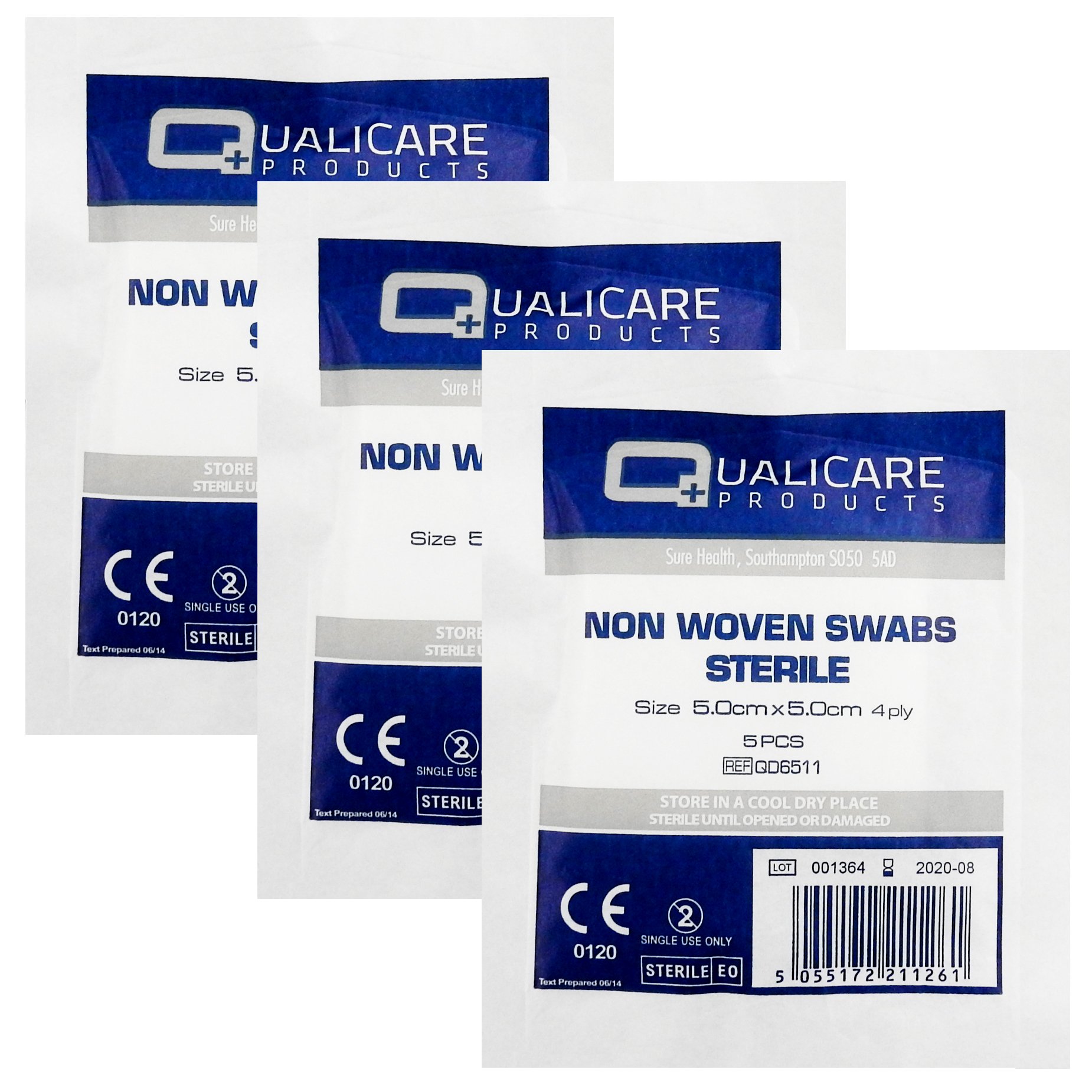 Qualicare None Woven 4PLY Sterile Gauze Medical Swabs Single Pack, 5cm x 5cm Sqaure - 3 Pack (15 Swabs)
