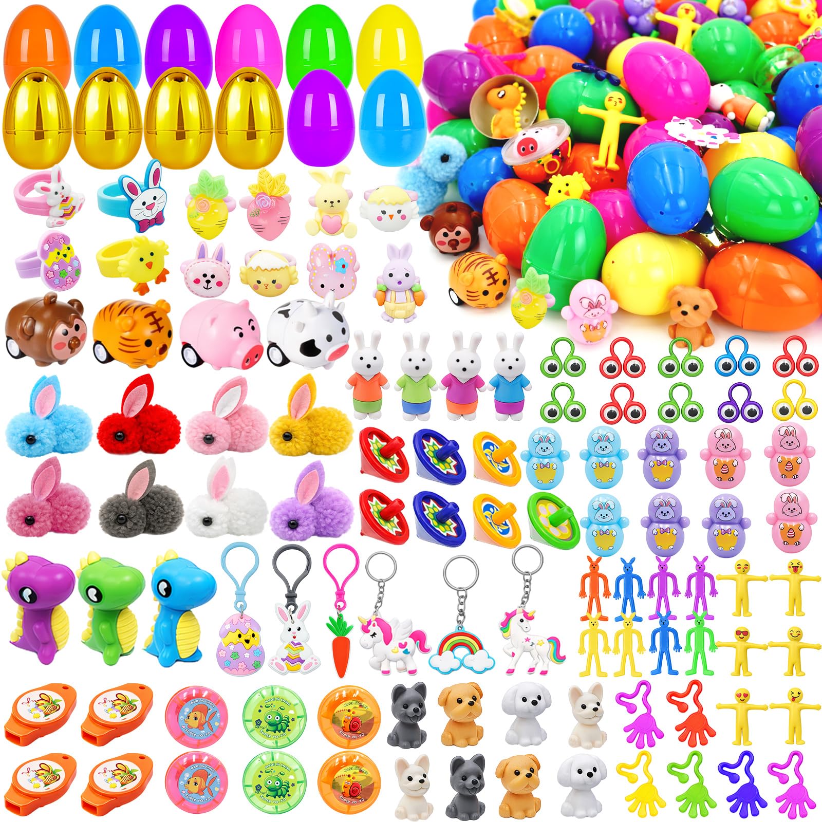 [ Surprise Golden Egg ] 100 PCS Prefilled Easter Eggs with Toys ,100 Plastic Easter Eggs Fillers with Assorted Toys Non Candy Prizes Easter Basket Stuffers for Kid Toddler Boys Girls Party Favors