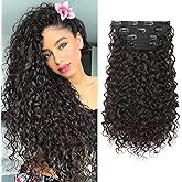 Clip in Hair Extensions, FLUFYMOOZ 4PC 100％ Pure Protein Silk Hair Extensions Long Soft Natural Hairpiece 16 Inch Curly Hair Extension for Women (Dark Chocolate Brown)