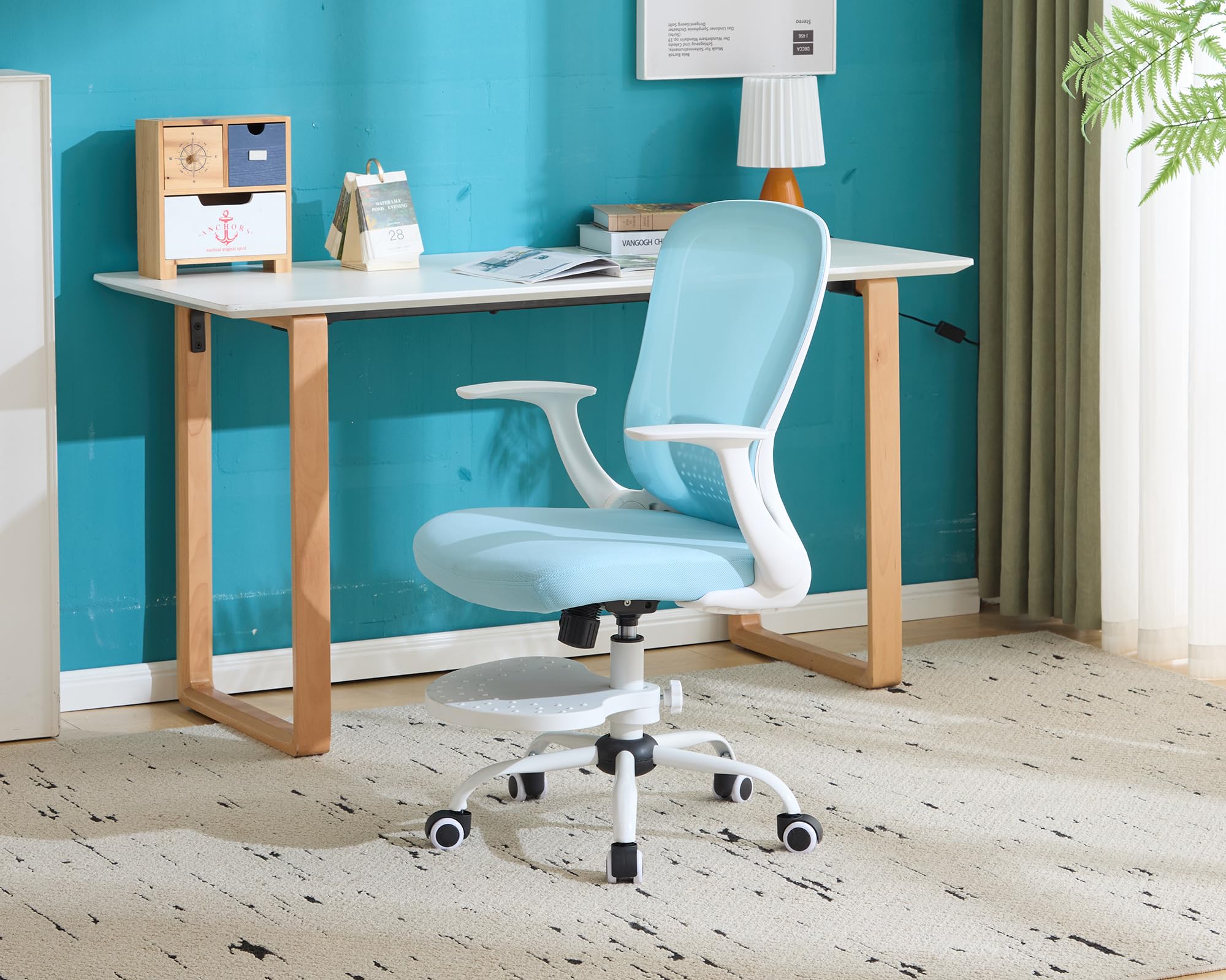 SOLLATI Kids Desk Chair Ergonomic Study Chair Swivel Mesh Desk Chair with Adjustable Arm Height Footrest Wheel Computer Home Office Chair for Children Boys Girls Students Bedroom School Age 5-13 Blue