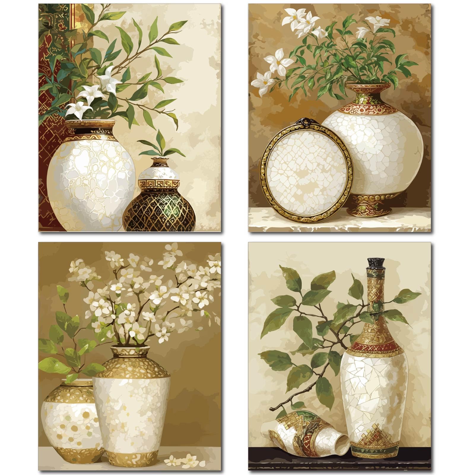 CREATCABIN 4Pcs Green Plants in Vase Wall Art Vintage Prints Canvas Poster Leaves Picture Wall Decorations Canvas Wall Art Fiber Oil for Home Living Room Bathroom Decor 10x8Inch-Unframed