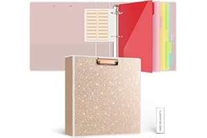 EYROZILL 3 Ring Binders 2 Inch with 5-Tab Dividers, Letter-Size 11" x 8.5", Glitter Binder Organizer with Clipboard & Pockets, Office Binder Supplies, Rose Gold