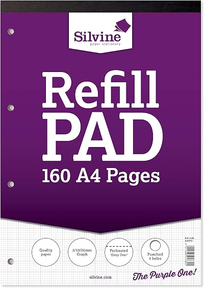Silvine A4 Refill Pad 2/10/20 mm Graph 160 Pages 80 Sheets White