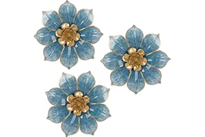 VILLA COMO Metal Flowers Wall Decor Blue and Gold Wall Art Hanging Decorations 3 Pc Rustic Modern Floral Sculpture Wall Accent Artwork Indoor Outdoor for Bathroom Bedroom Living Room Garden Patio Porch 10 Inch