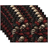 Skull Rose Placemats Set of 6,Washable Heat Resistant 12×18 Inch Linen Table Mats Floral Place Mats for Party Outdoor Dining Décor