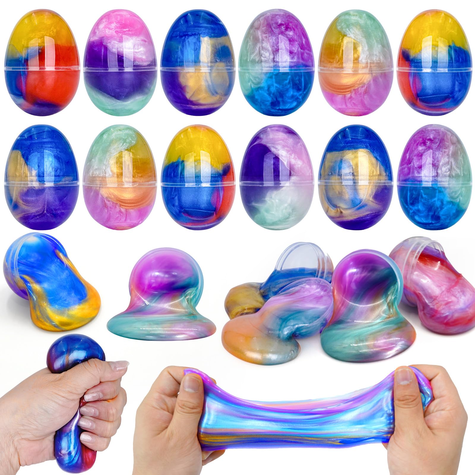 Photo 1 of 12 Pack Prefilled Easter Galaxy Slime Eggs,Galaxy Slime Easter Egg Fillers Stress Relief Easter Egg Hunt Filling Treats Classroom Easter Basket Stuffers Easter Party Favor for Kid Teens Boy Girl
