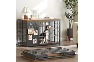 YATINEY Foldable Dog Crate Furniture, Dog Crate with DIY Frame, Heavy Duty Dog Kennel Indoor with Hooks, Wooden Dog Cage End Table, for Small/Medium Dogs, Rustic Brown and Black DC95BR