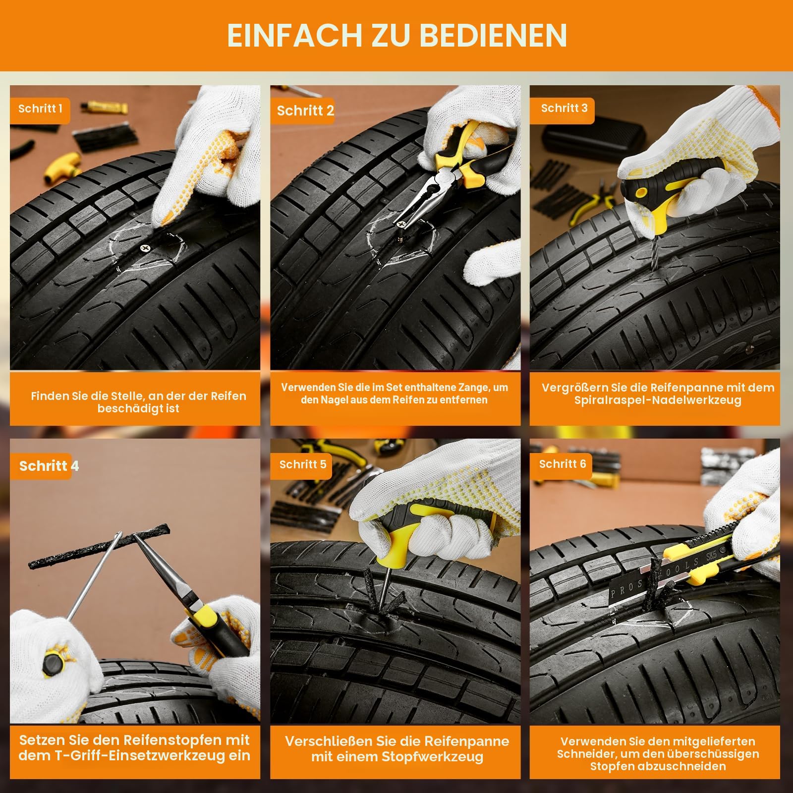 Reparaturset für platte Reifen, Pannenstopfen und Flickset mit Dichtmittel 6