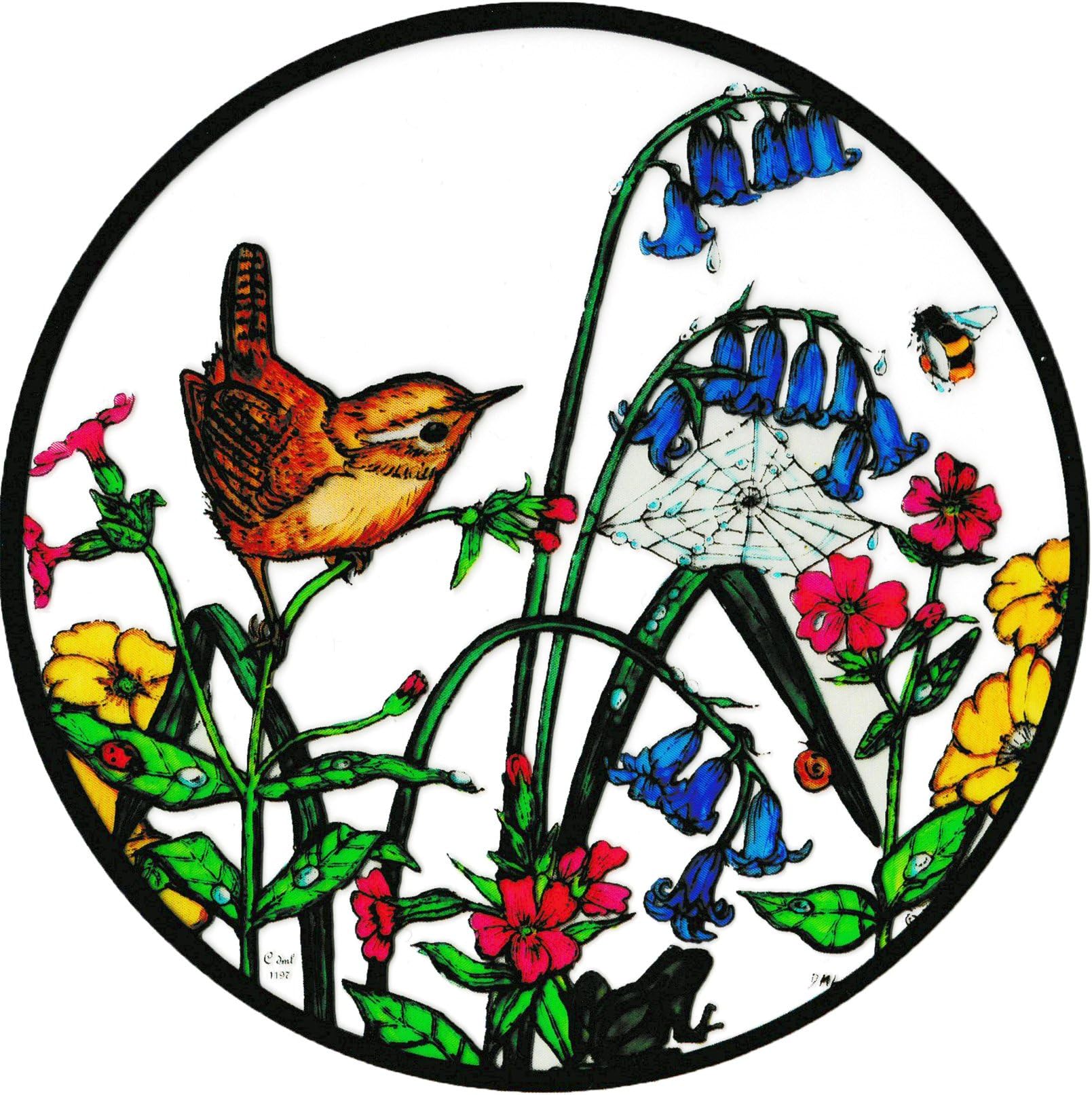 Static Window Cling in a Wren in Bluebells Design.