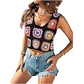 Verdusa Women's Scoop Neck Sleeveless Hollow Out Crochet Boho Crop Tank Top