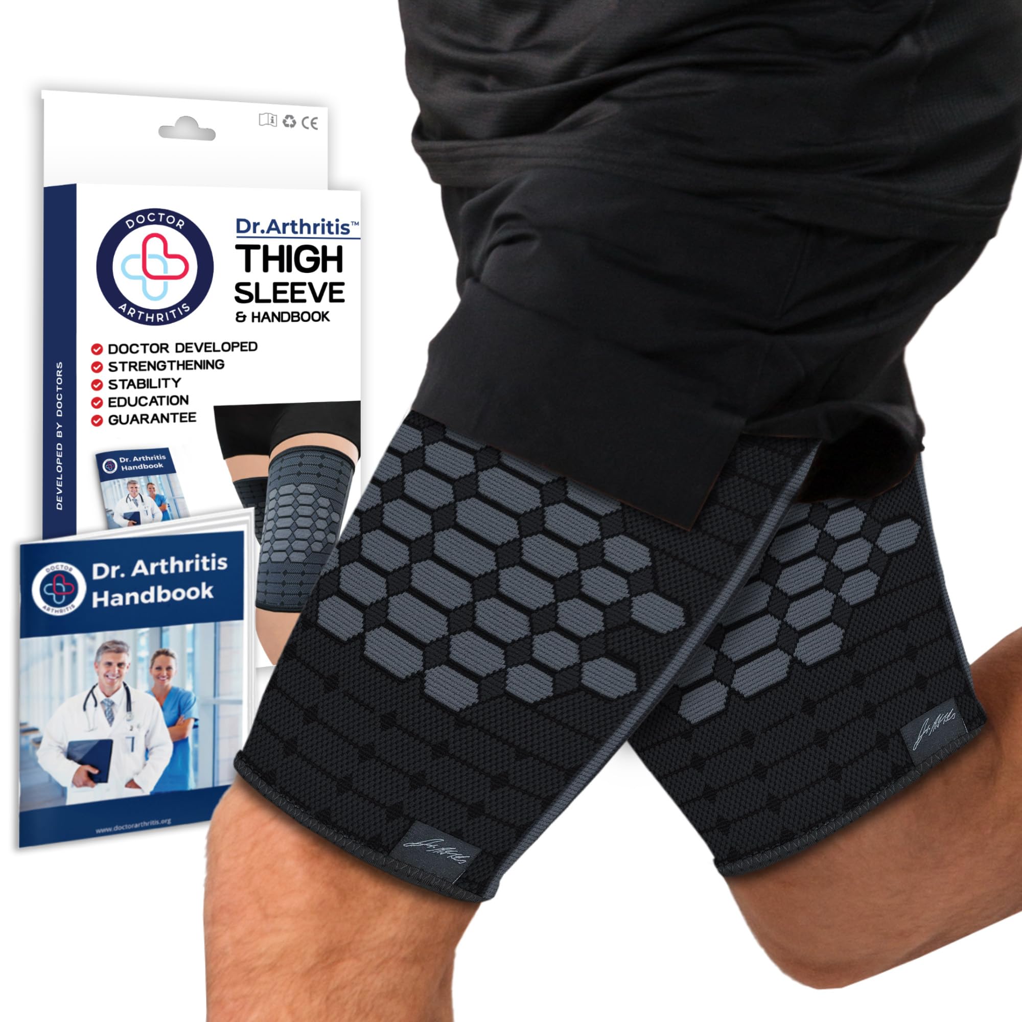Dr.Arthritis Doctor Developed Thigh Compression Sleeve For Women And Men & Doctor Handbook (Black, Small, 1 Pair)