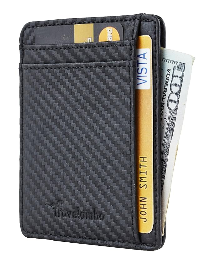 Travelambo RFID Front Pocket Minimalist Slim Wallet Genuine Leather Small Size (01 carbon fiber texture black)