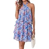 Simplee Womens Summer Floral Mini Dress Casual Sleeveless Halter Ruffle Tiered Chiffon Boho Beach Vacation Short Dresses