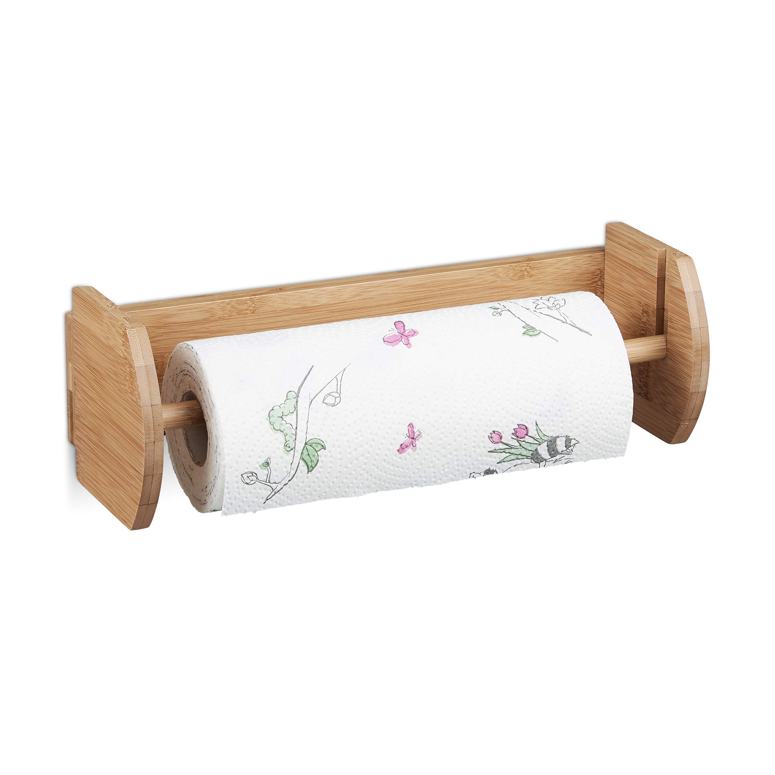Relaxdays Bamboo Wall Paper Towel Holder, Size: 12 x 37 x 13 cm Wooden Paper Towel Dispenser for Holding Paper Towels and Toilet Paper, Kitchen Accessory Wood, Natural Brown
